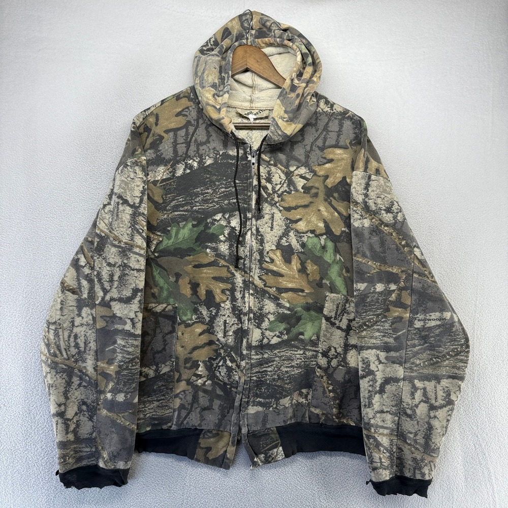 Vintage Camo Hoodie Men's XL Green Brown Zip Distressed Hunting 90s USA Blank